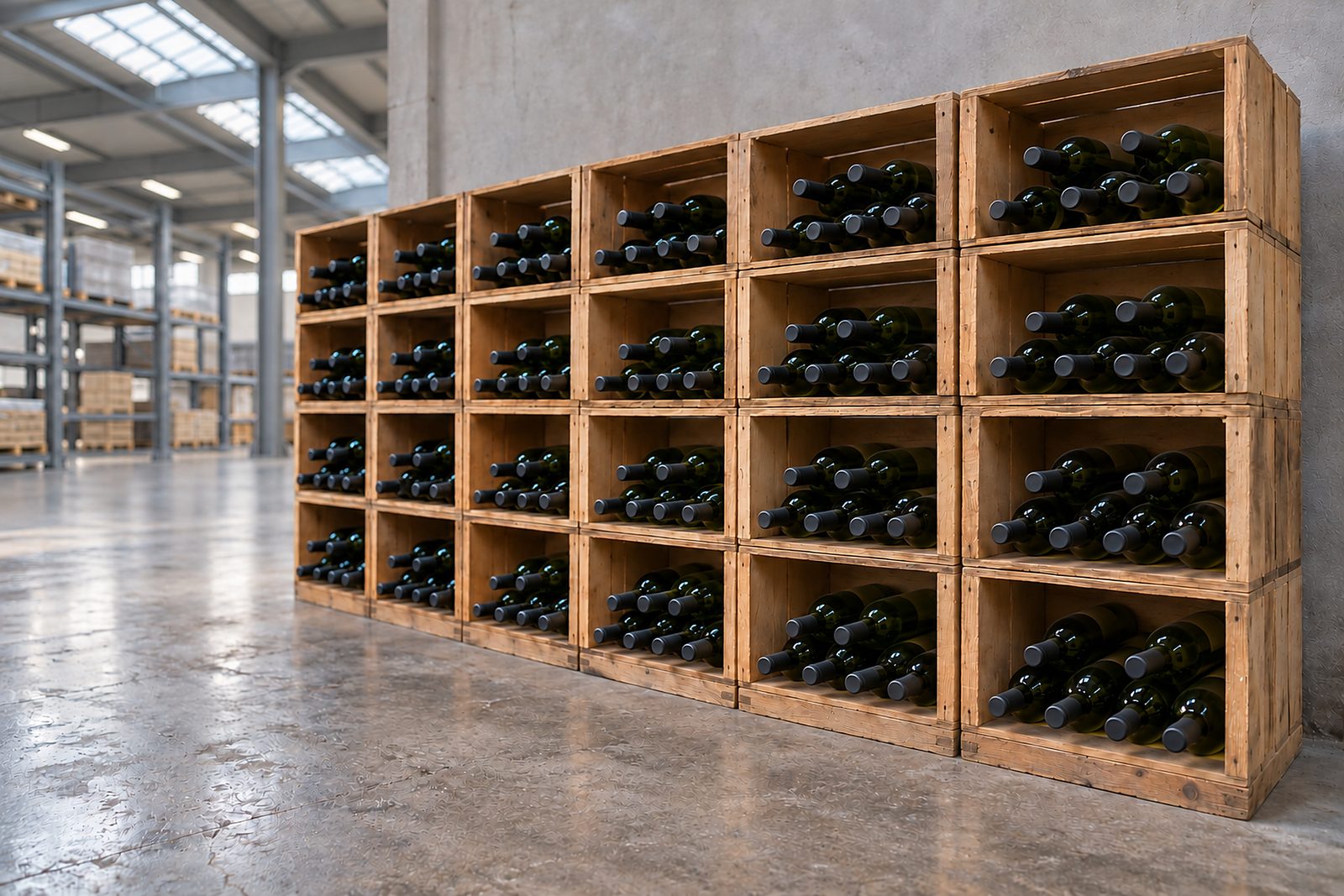Hohes Weinregal aus offenen Holzkisten, darin liegende Flaschen aus grünem und braunem Glas