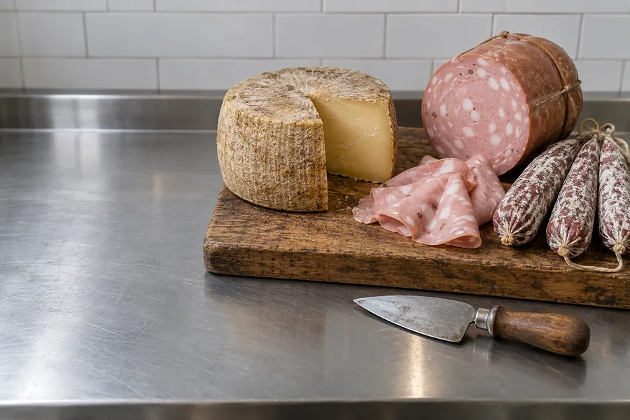 Edelstahltheke mit einem angeschnittenen Pecorino, einer Mortadella und drei Salami auf einem Holzbrett