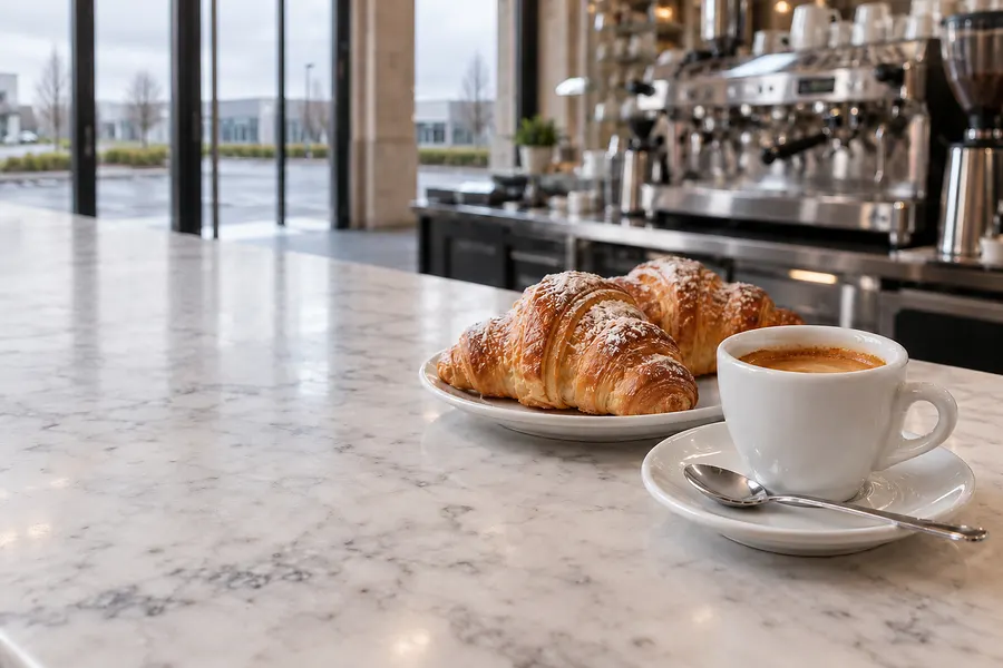Espresso in einer weißen Tasse und zwei Cornetti auf einer Marmortheke, dahinter unscharf die Glastüren des Eingangs