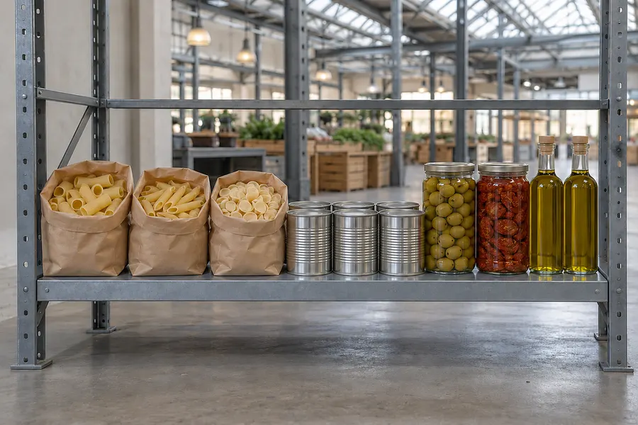 Stahlregal mit offenen Papiertüten voller Rigatoni, Penne und Orecchiette, Tomatendosen, Gläsern mit Oliven und Flaschen mit Olivenöl
